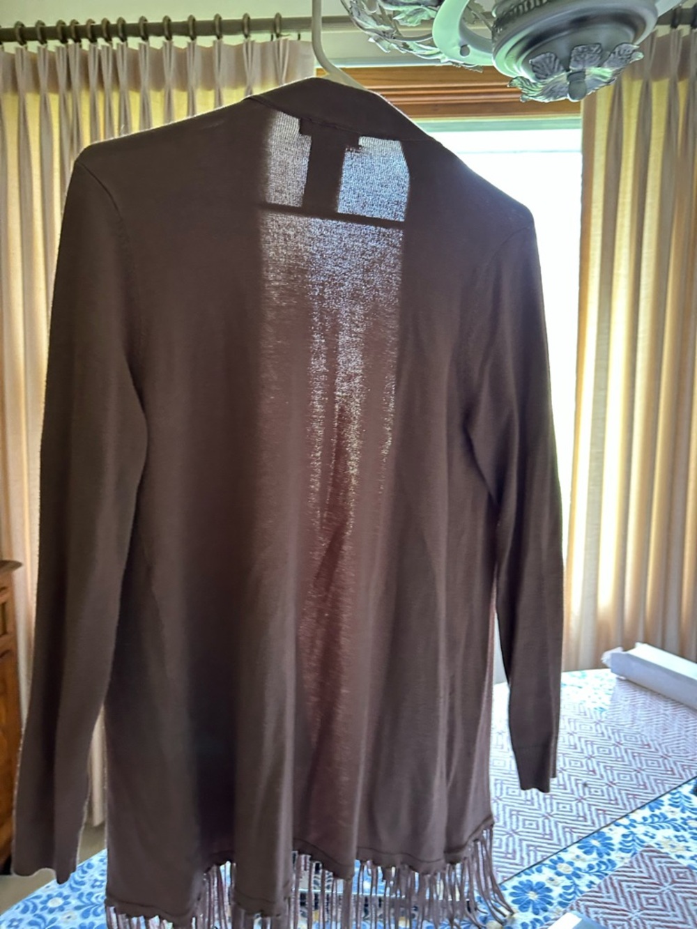 Chelsea & Theodore Acorn Husk Brown Open Cardigan with Fringe -Small
